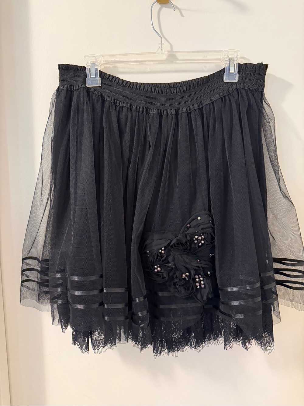 Ryu Black Tulle Eyelash Lace with embellished detailed Whimsigoth Fairy Skirt Lg